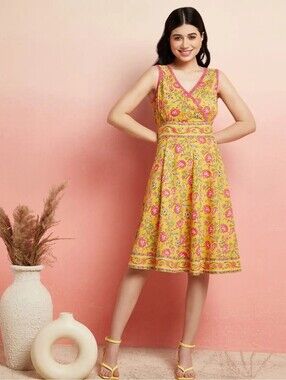 Cotton Summer Midi Dress with Wrap Neckline